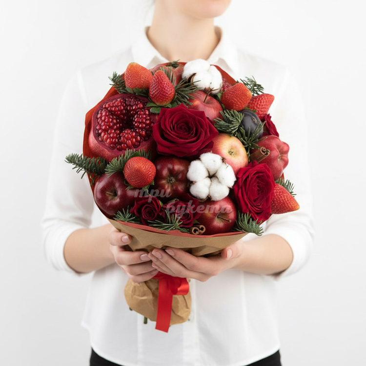 Новогодний букет из гранатов и роз